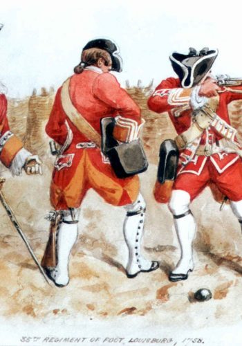 <b>CHCRS 0117</b> Watercolour Of An Officer And Two Privates 35th Foot At Louisbourg 1758 By Richard Simkin